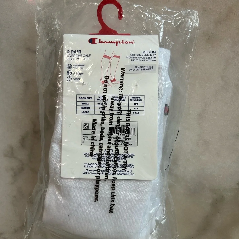 Champion Socks All Sport Performance Over the Calf Socks 2pk - White Size M- New